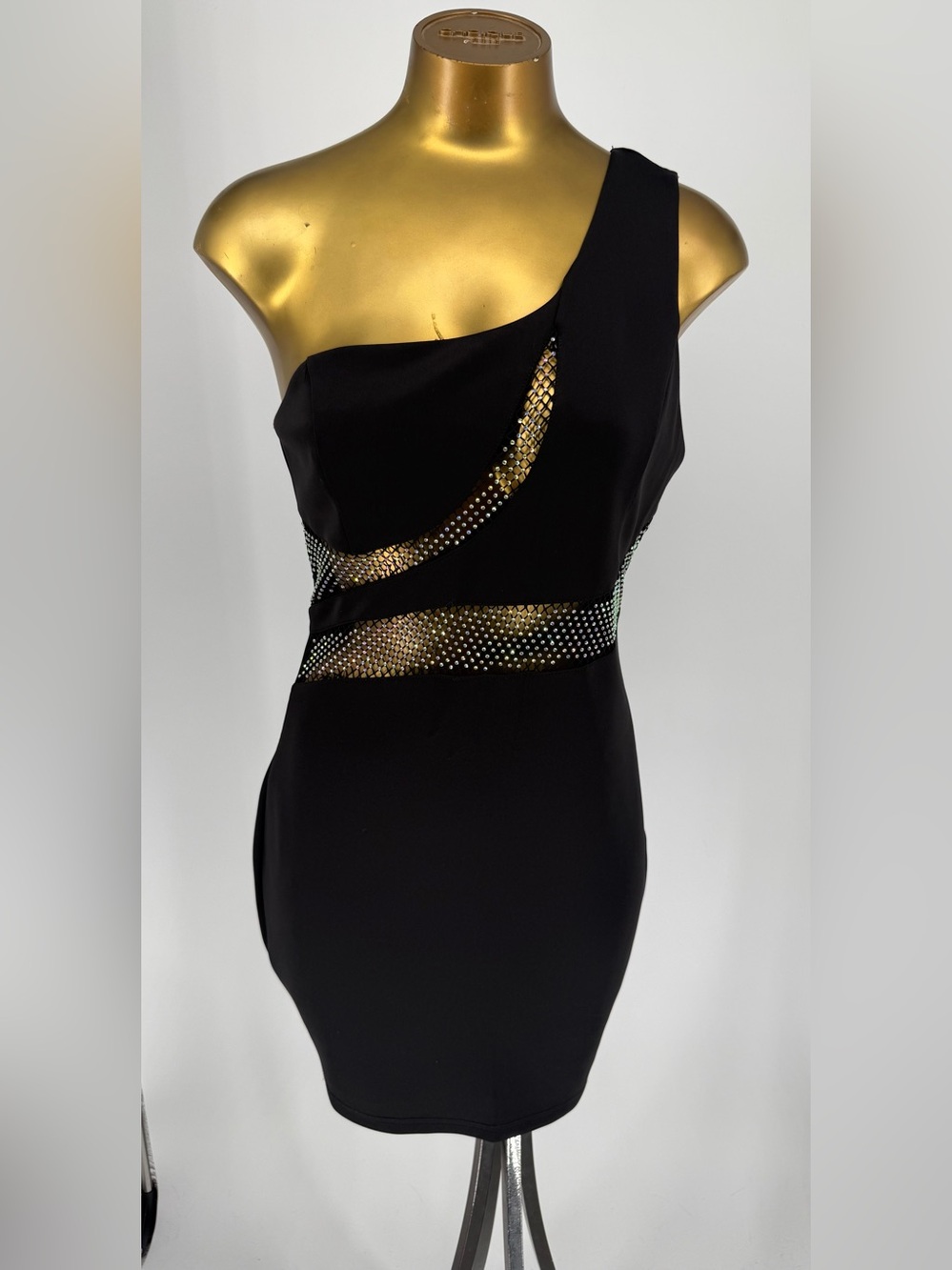 privy One-Shoulder Black Mini Dress with Rhinestone Stud Detail Size Medium